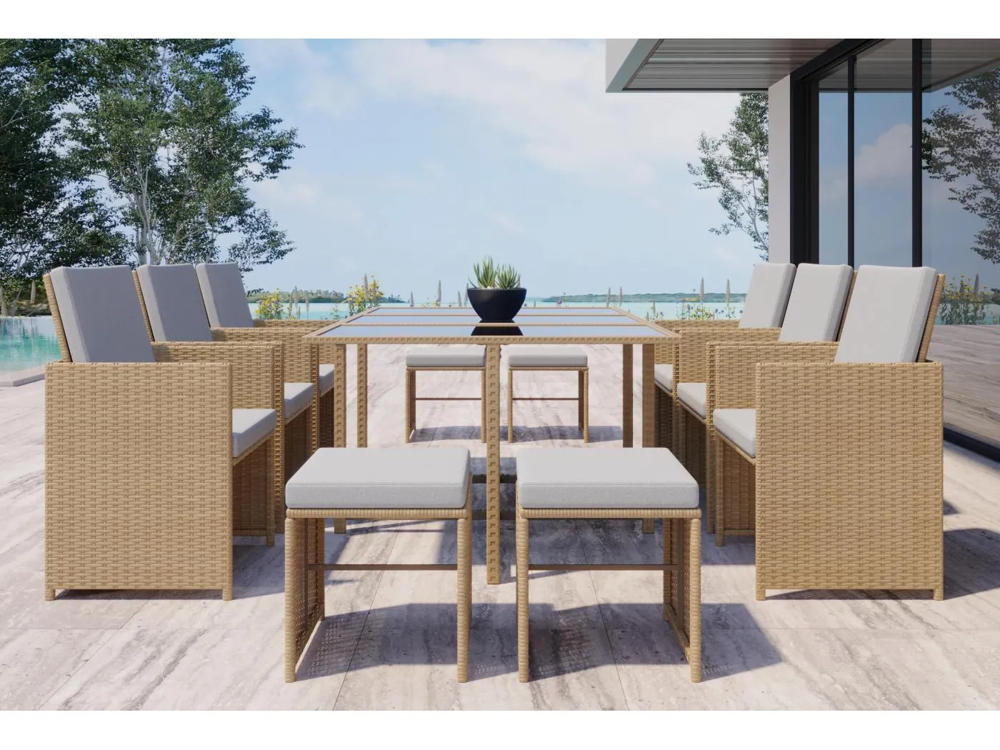10-Sitzer Gartenmöbel-Set aus naturbelassenem Rattan FLORIDA - Elegantes Design, 10 Personen, abnehmbare Kissen, pflegeleicht
