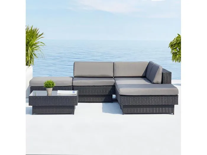 Eck-Gartenmöbelset 5 Plätze aus schwarz-grauem Polyrattan AMORGOS