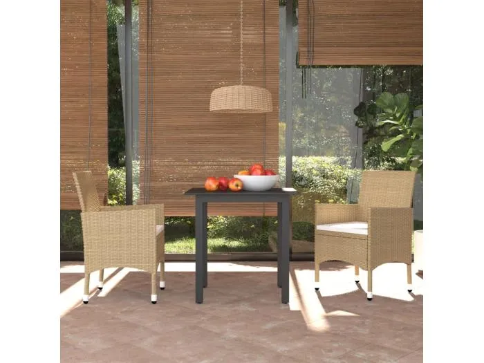 3-tlg. Garten-Essgruppe mit Kissen Poly Rattan Beige