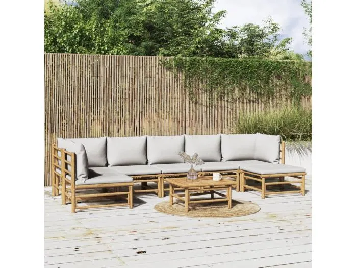 8-tlg. Garten-Lounge-Set mit Kissen Hellgrau Bambus
