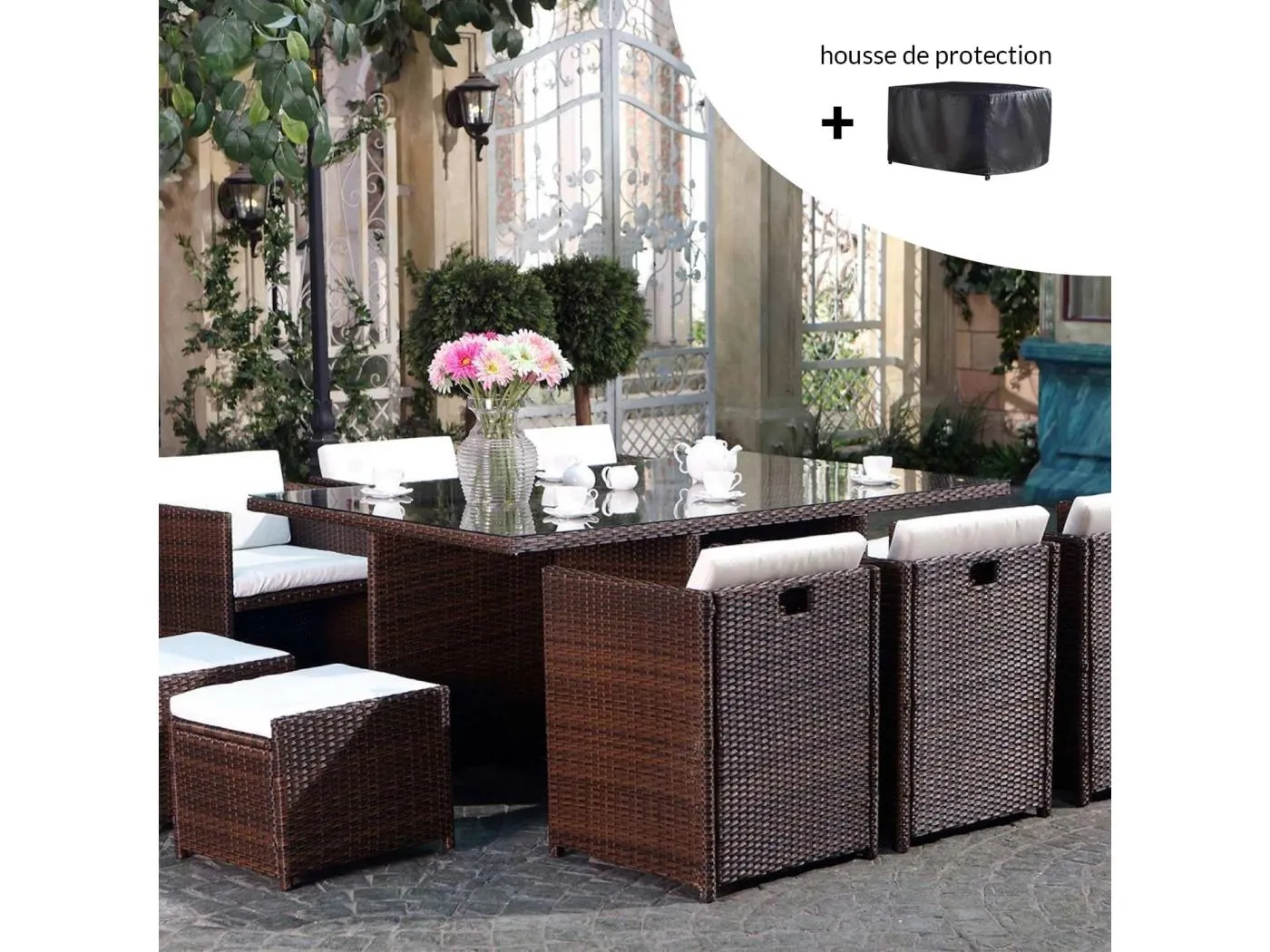 Gartenmöbel-Set Miami 10 Braun/Weiß + Schutzhülle