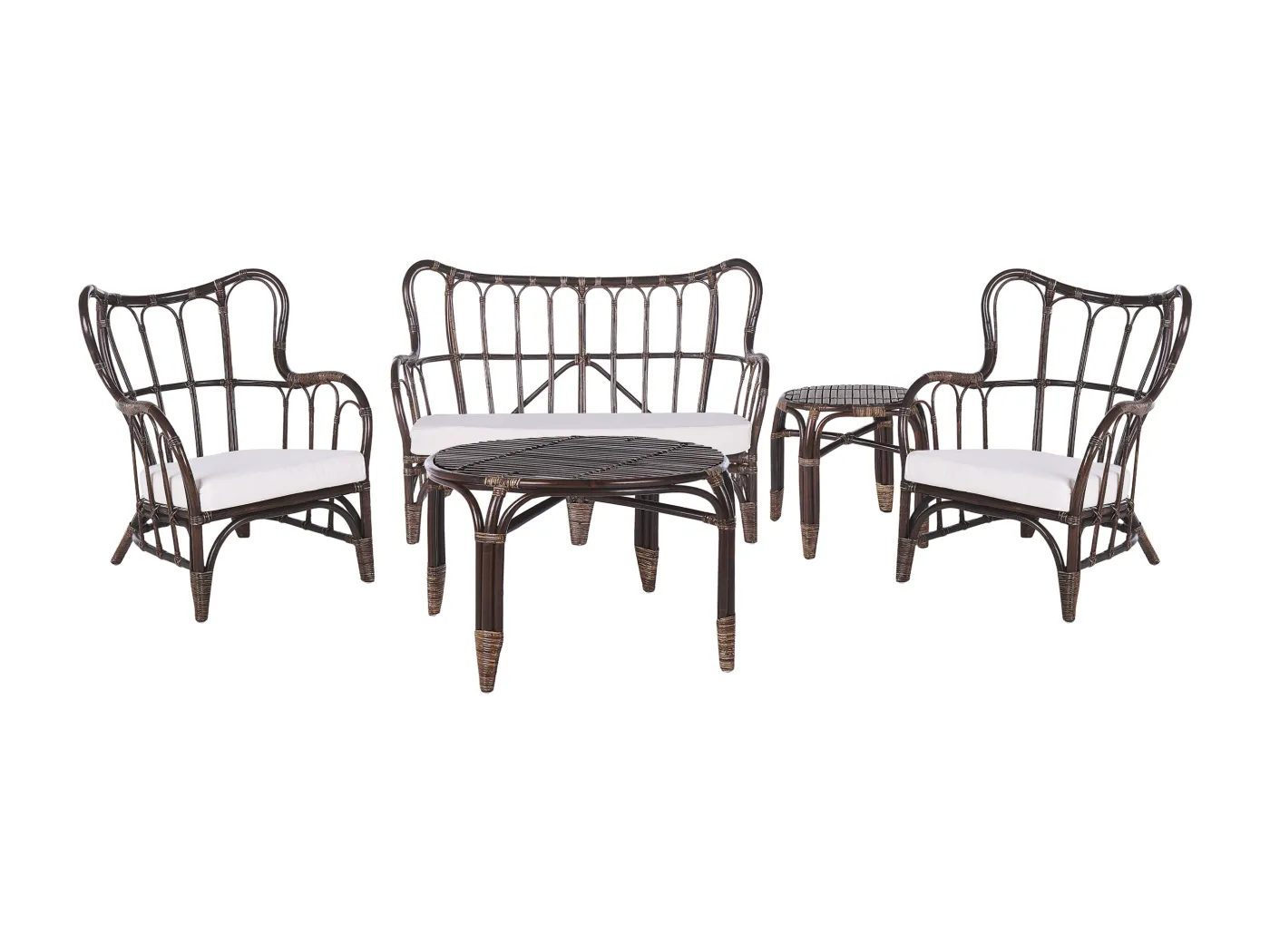 Lounge Set Dunkler Holzfarbton 4er Sitzer Rattan Auflagen Beige Brindisi