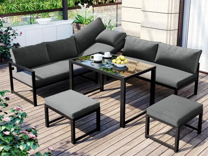 Modulare 7-Sitzer-Gartenmöbel aus Aluminium – ein verstellbarer Liegesitz – 2 Sofas, 2 Hocker und 1 Tisch – Grau