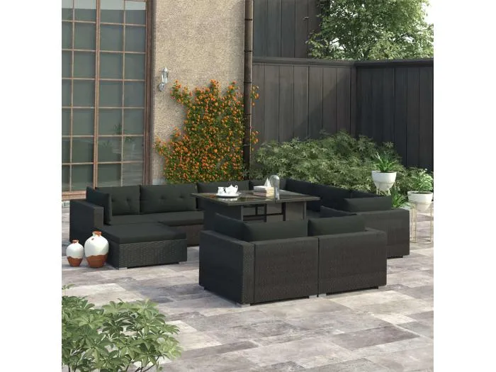 10-tlg. Garten-Lounge-Set mit Auflagen Poly Rattan Schwarz