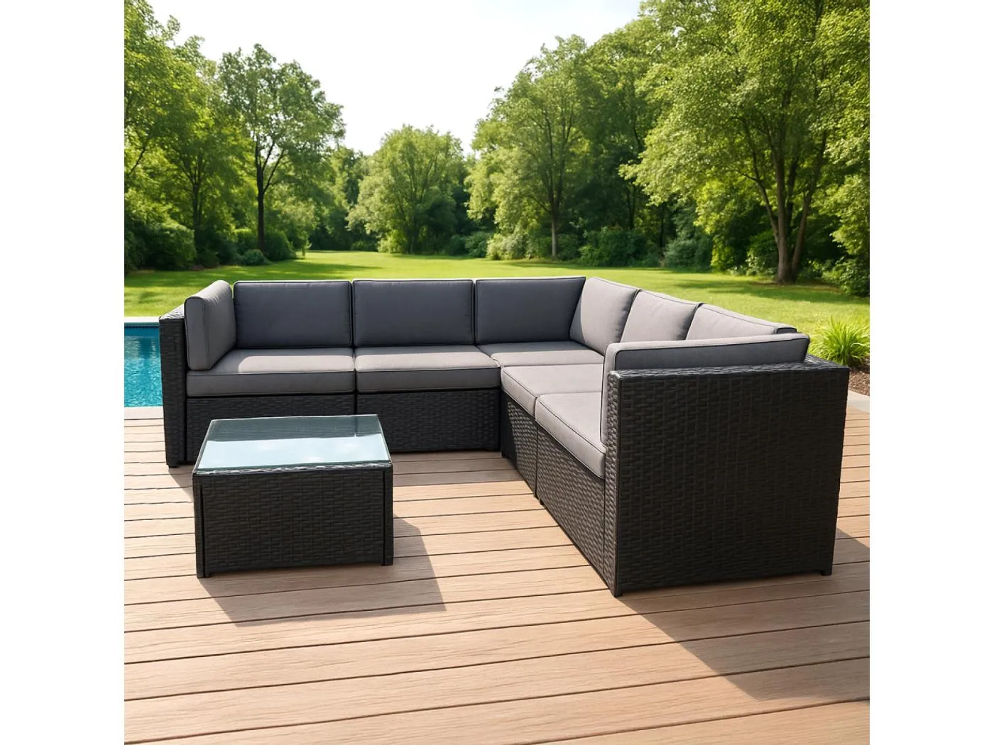 Gartenmöbelset 5 Plätze aus Schwarzem und Grauem Polyrattan mit Couchtisch aus Sicherheitsglas