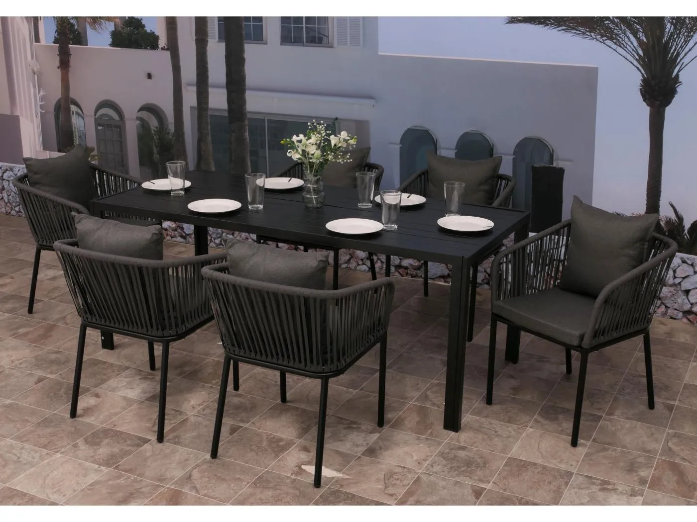 Gartengarnitur MCW-N41 (7-teilig), Anthrazit, Kissen dunkelgrau