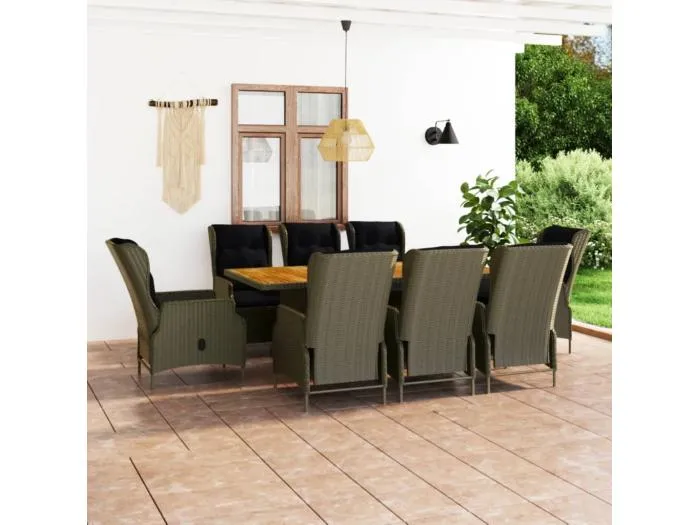 9-tlg. Garten-Essgruppe mit Auflagen Poly Rattan Braun