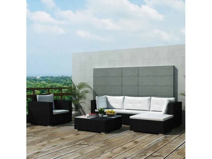 6-tlg. Garten-Lounge-Set mit Kissen Poly Rattan Schwarz