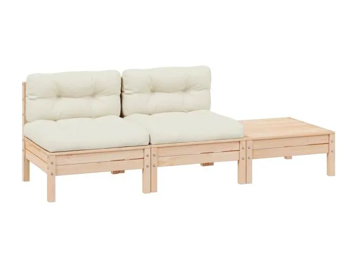 3-tlg. Garten-Lounge-Set mit Kissen in Creme Massivholz Kiefer