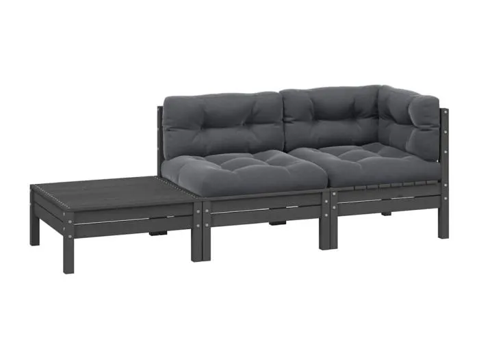3-tlg. Garten-Lounge-Set mit Kissen in Grau Kiefer Massivholz