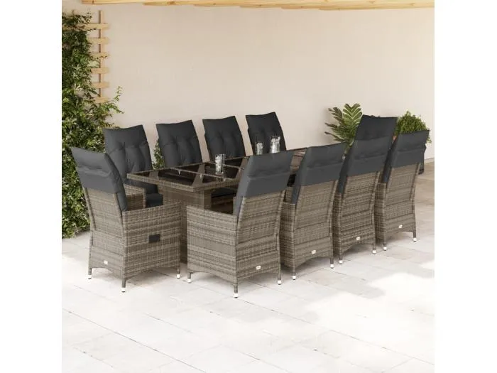 11-tlg. Garten-Bistro-Set mit Kissen Grau Poly Rattan
