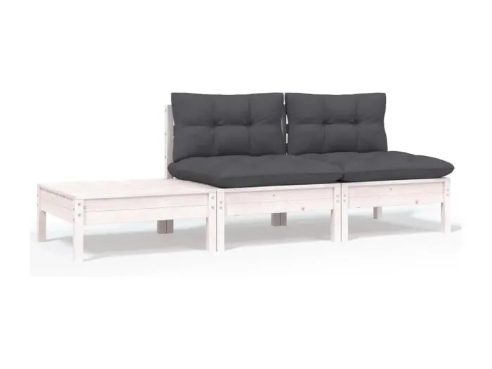 3-tlg. Garten-Lounge-Set mit Kissen Weiß Kiefer Massivholz