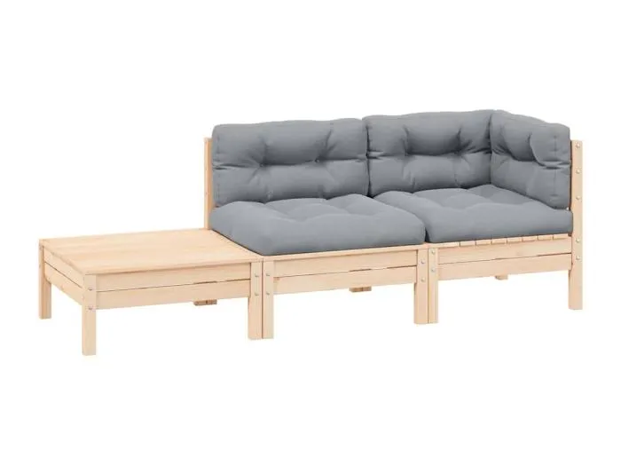 3-tlg. Garten-Lounge-Set mit Grauen Kissen Kiefer Massivholz