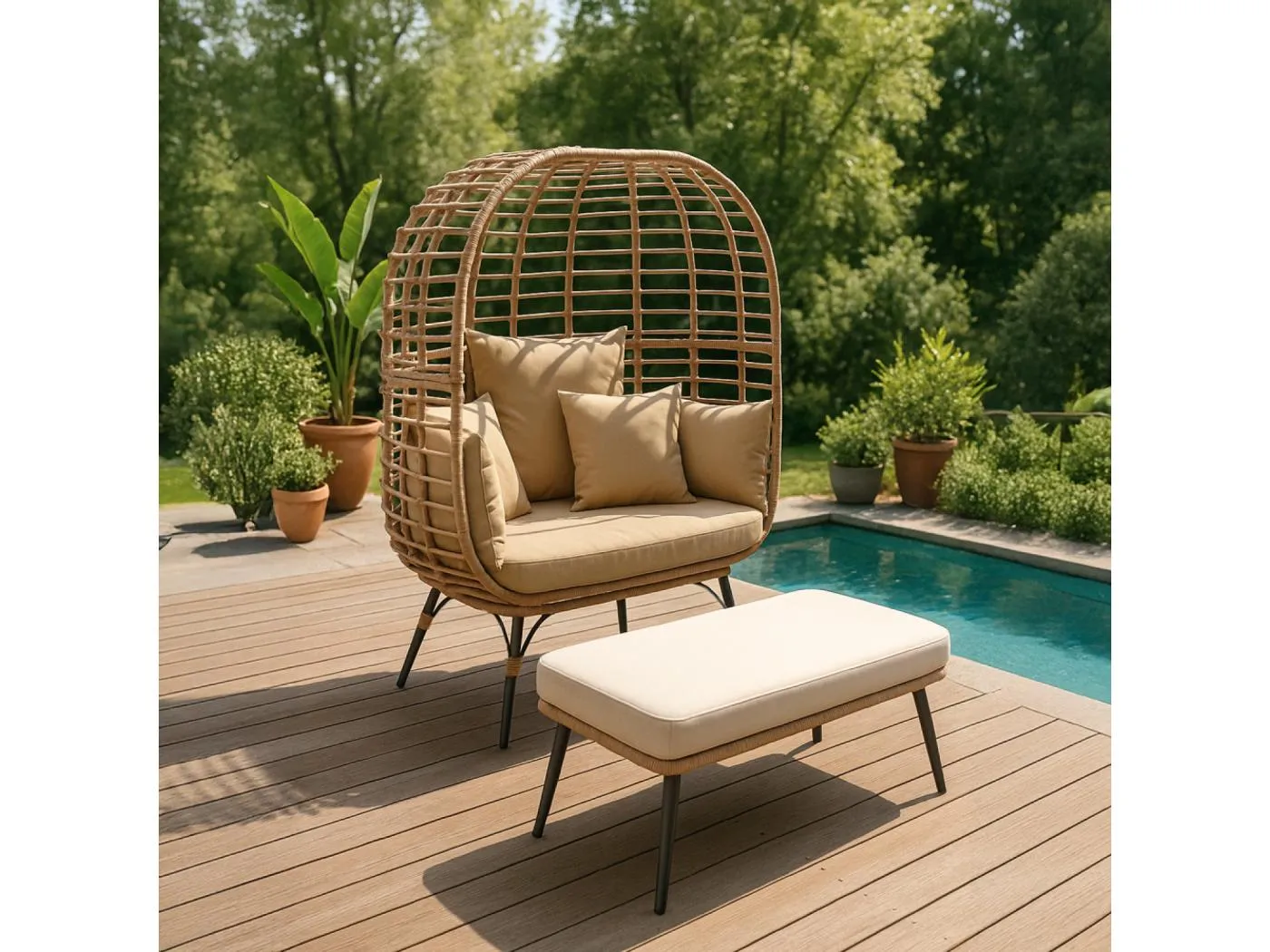 Gartenmöbel-Set Jane - Hängesessel mit Rattan-Effekt und großer Fußhocker mit beigem Kissen