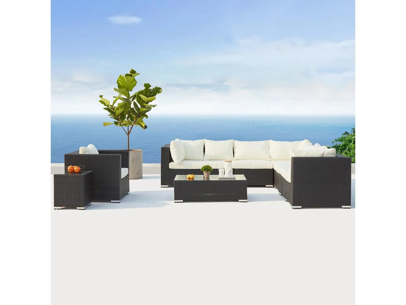 Panorama-Gartenmöbelset für 8 Personen aus schwarz-weißem Rattan SALENTO