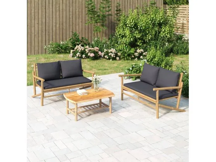 3-tlg. Garten-Sitzgruppe: Sofa + Tisch | Garten-Lounge-Set mit Dunkelgrauen Kissen Bambus -GKD127427