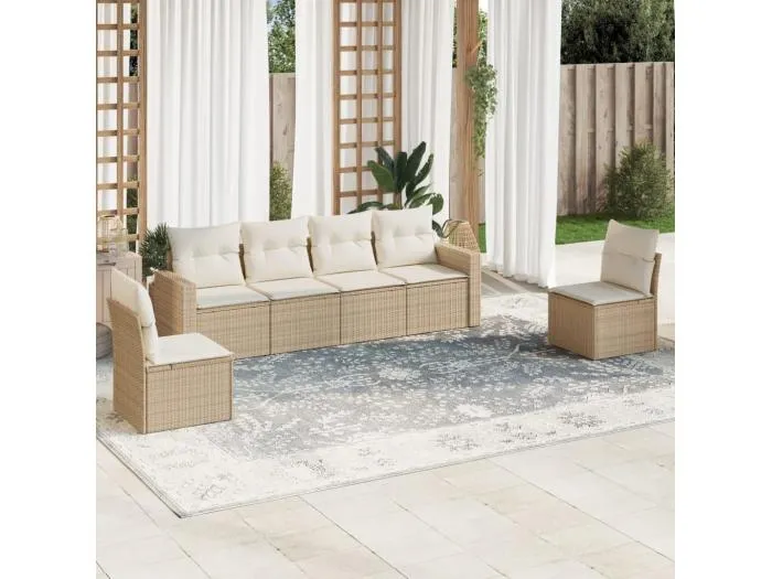 6-tlg. Garten-Sofagarnitur,Gartenmöbel-Set mit Kissen Beige Poly Rattan -gkd197899