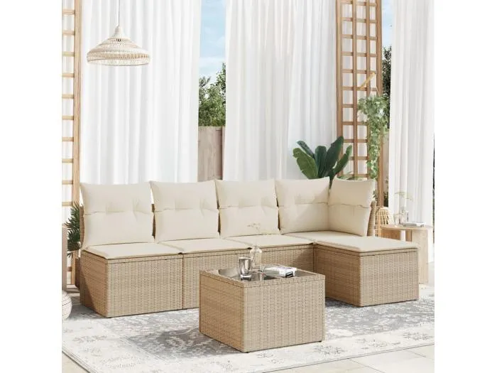 6-tlg. Garten-Sofagarnitur,Gartenmöbel-Set mit Kissen Beige Poly Rattan -gkd600328