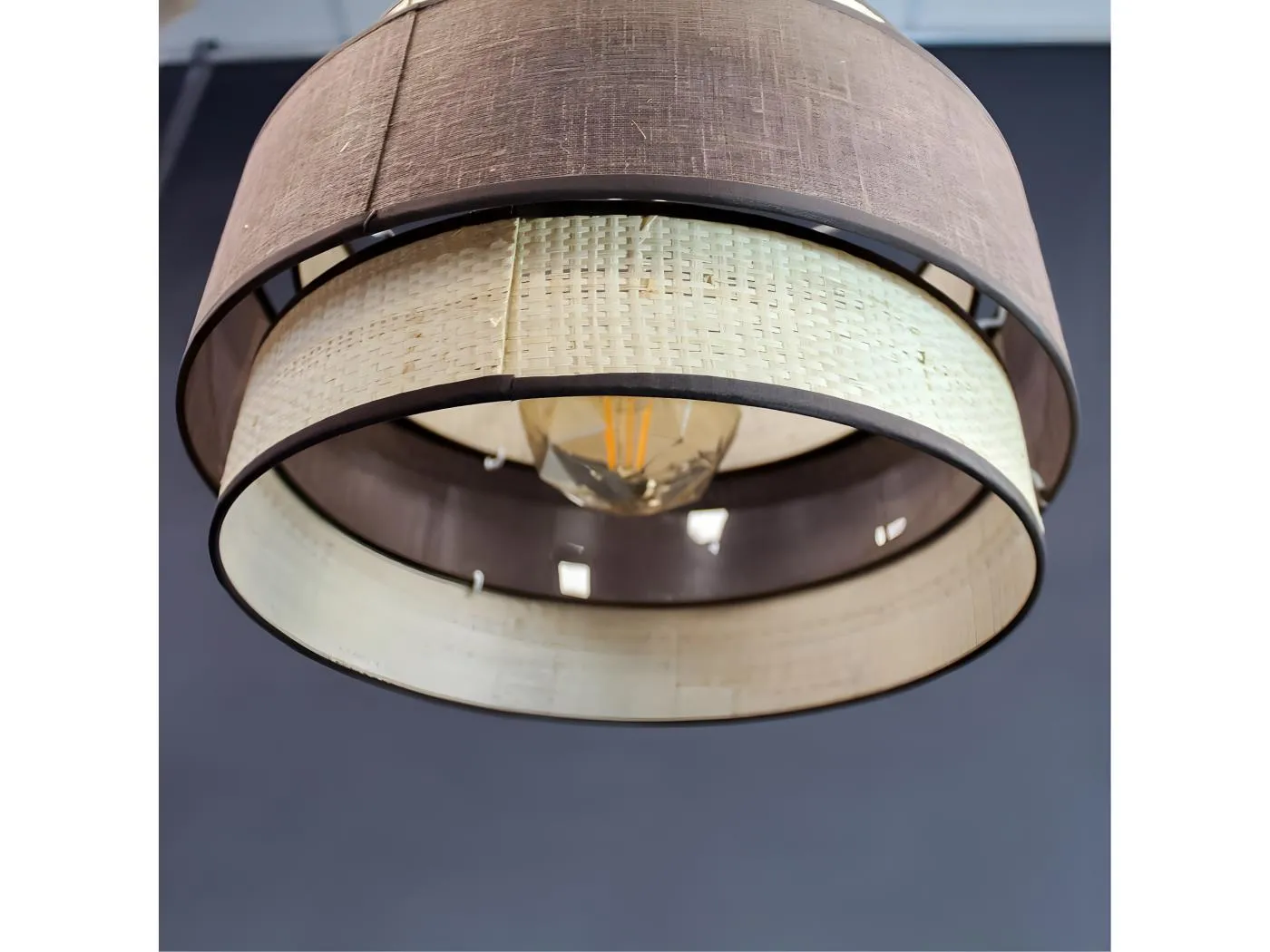 Pendelleuchte Sira mit braunem Leinen und natürlichem Rattan-Lampenschirm 1xE27 ø40cm