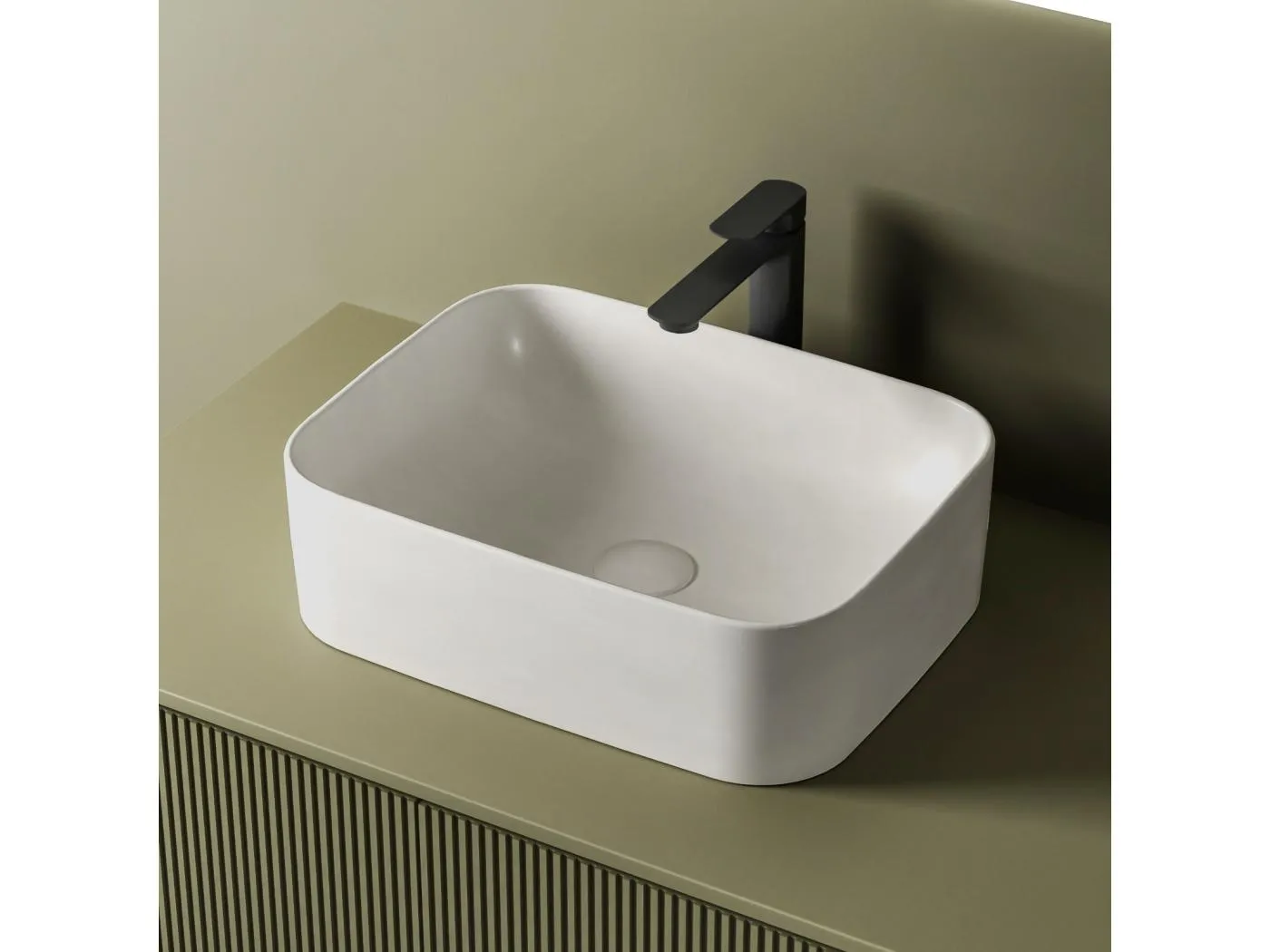 WASCHBECKEN Keramik Rechteck Abgerundetes Design R Mattweiß