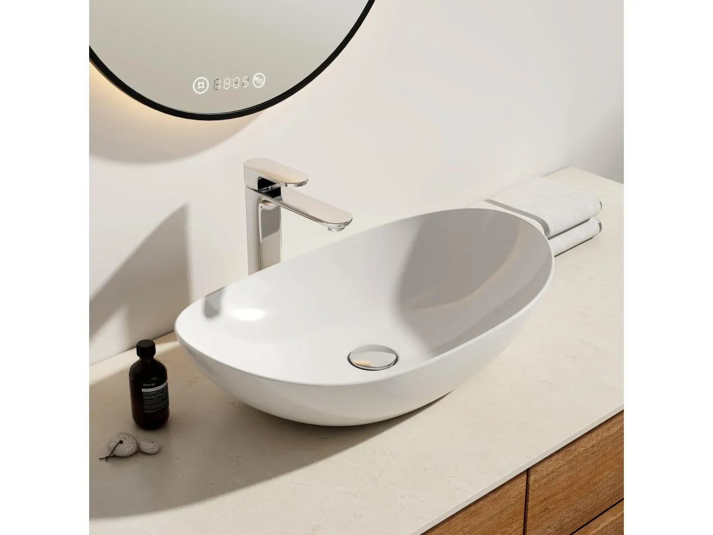 EMKE Aufsatzwaschbecken aus Keramik 61,5×36×15,5cm, ovales Waschbecken für das Badezimmer, glänzend weiß