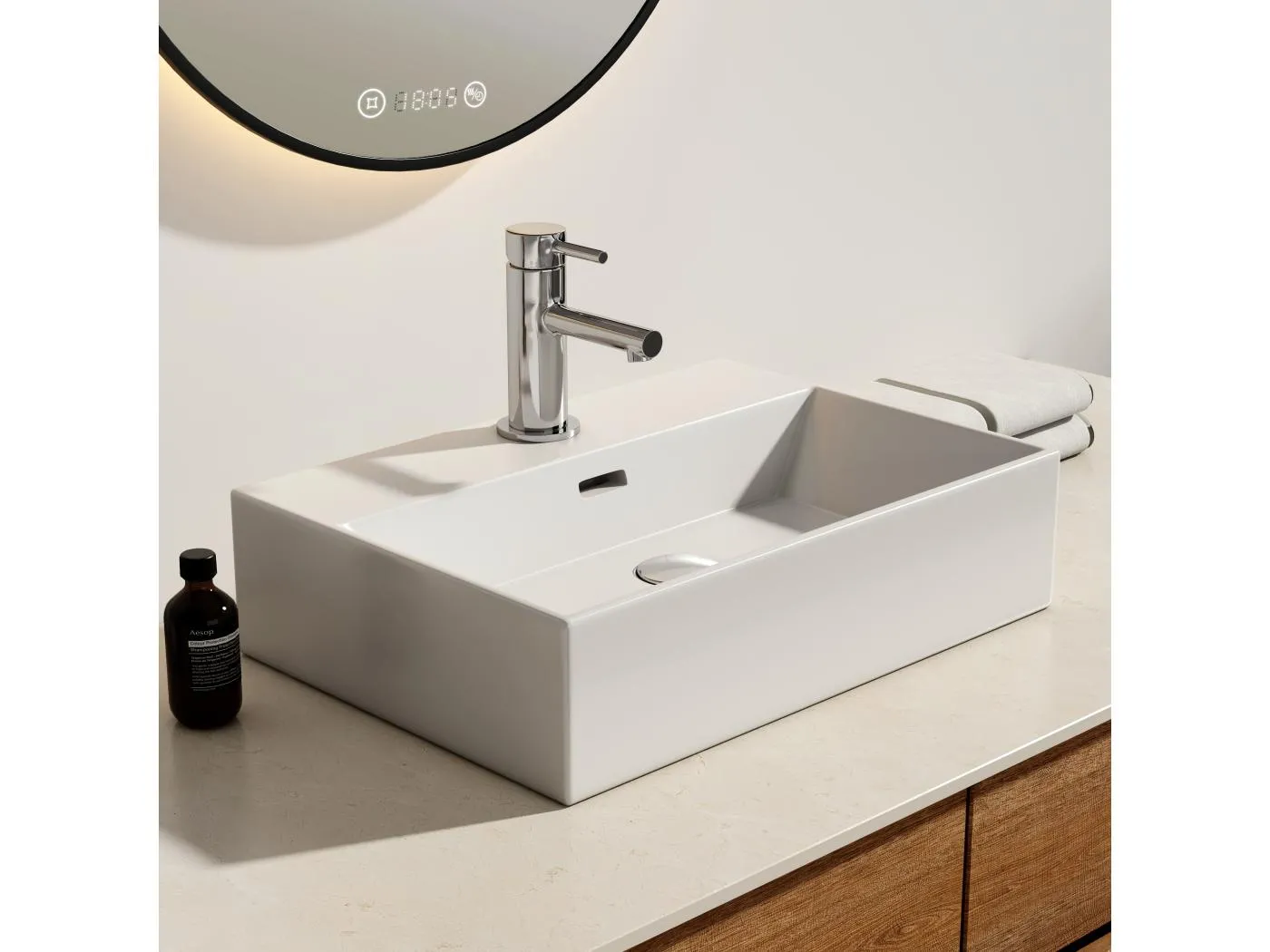 EMKE Keramik Aufsatzwaschbecken 51,5×36,5×13 cm, Rechteckiges Waschbecken mit vorgebohrtem Wasserhahnlöchern, Glänzend Weiß