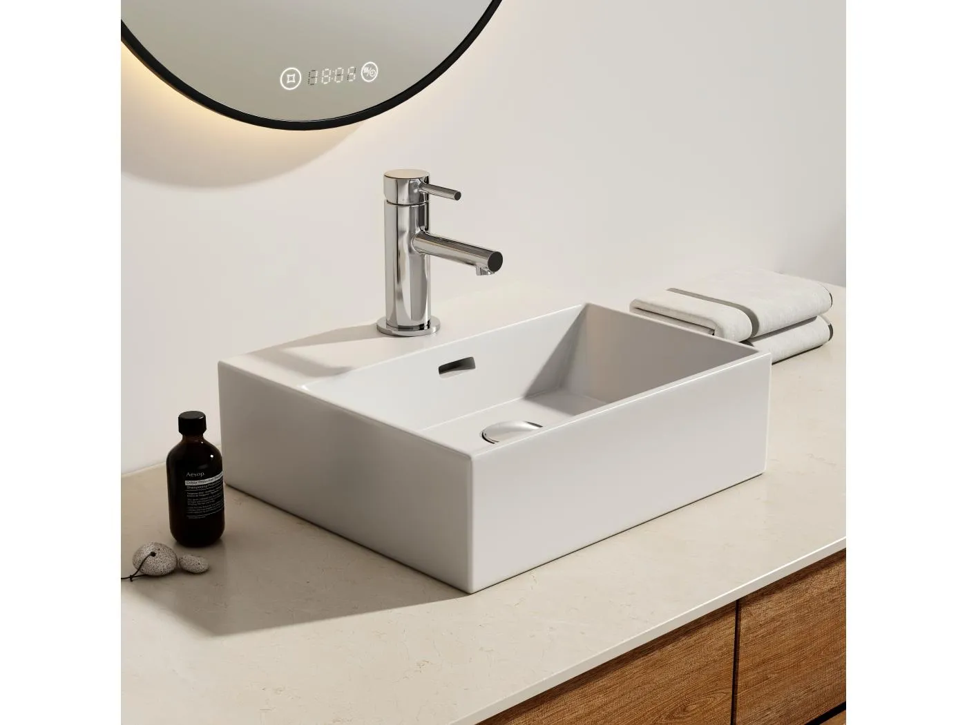 EMKE Aufsatzwaschbecken aus Keramik, 41,5×36×13 cm, Rechteckiger Waschtisch mit vorgebohrtem Wasserhahnloch, Weiß glänzend