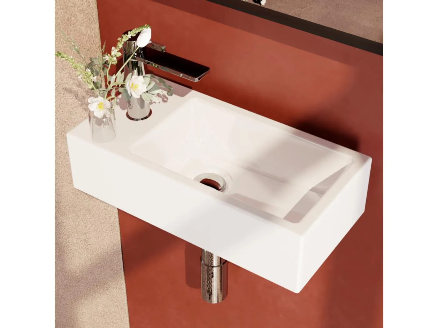 EMKE Aufsatzwaschbecken aus Keramik 40,5×20,5×10,5 cm, wandhängendes rechteckiges Waschbecken mit vorgebohrtem Wasserhahnloch, glänzend weiß