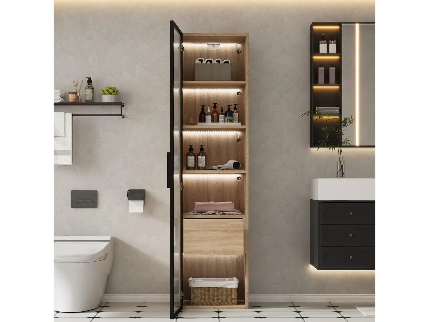 Vitrine, Badezimmermöbel mit LED - 1 Glastür - Natürlich