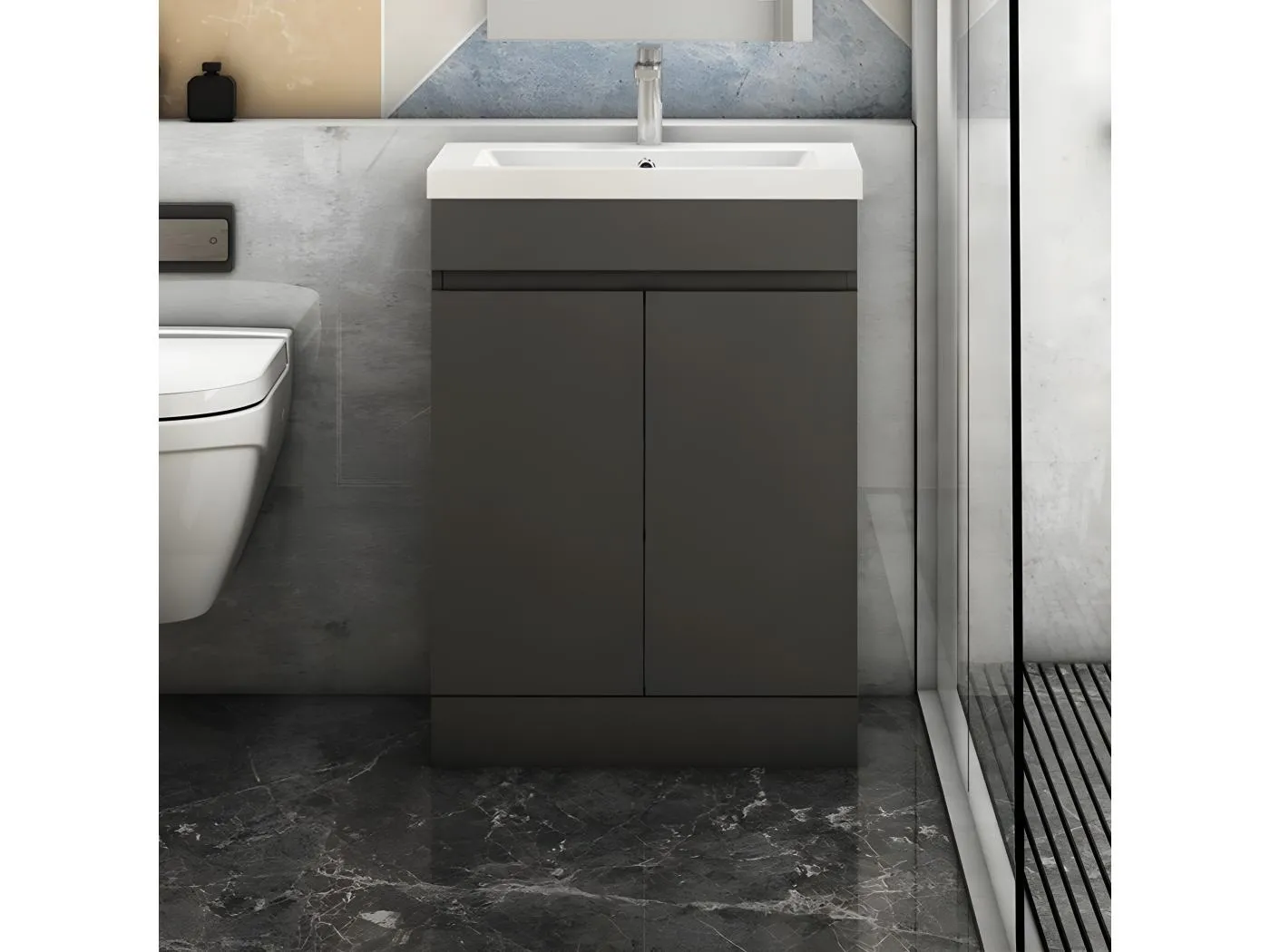 AICA Badezimmermöbel 60 cm Mineralguss waschbecken mit unterschrank -Dunkelgrau Matt Standschrank - KANY