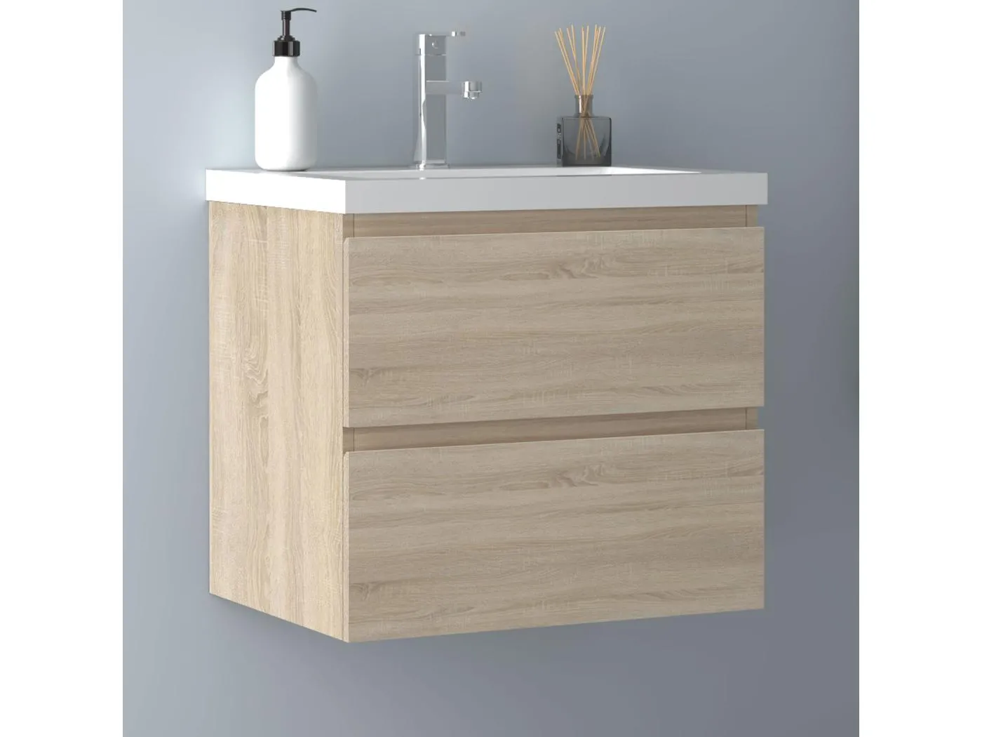 AICA Waschbeckenunterschrank hängend 60cm Dickes Keramik Waschtisch mit Unterschrank - Eiche Matt - CINIC