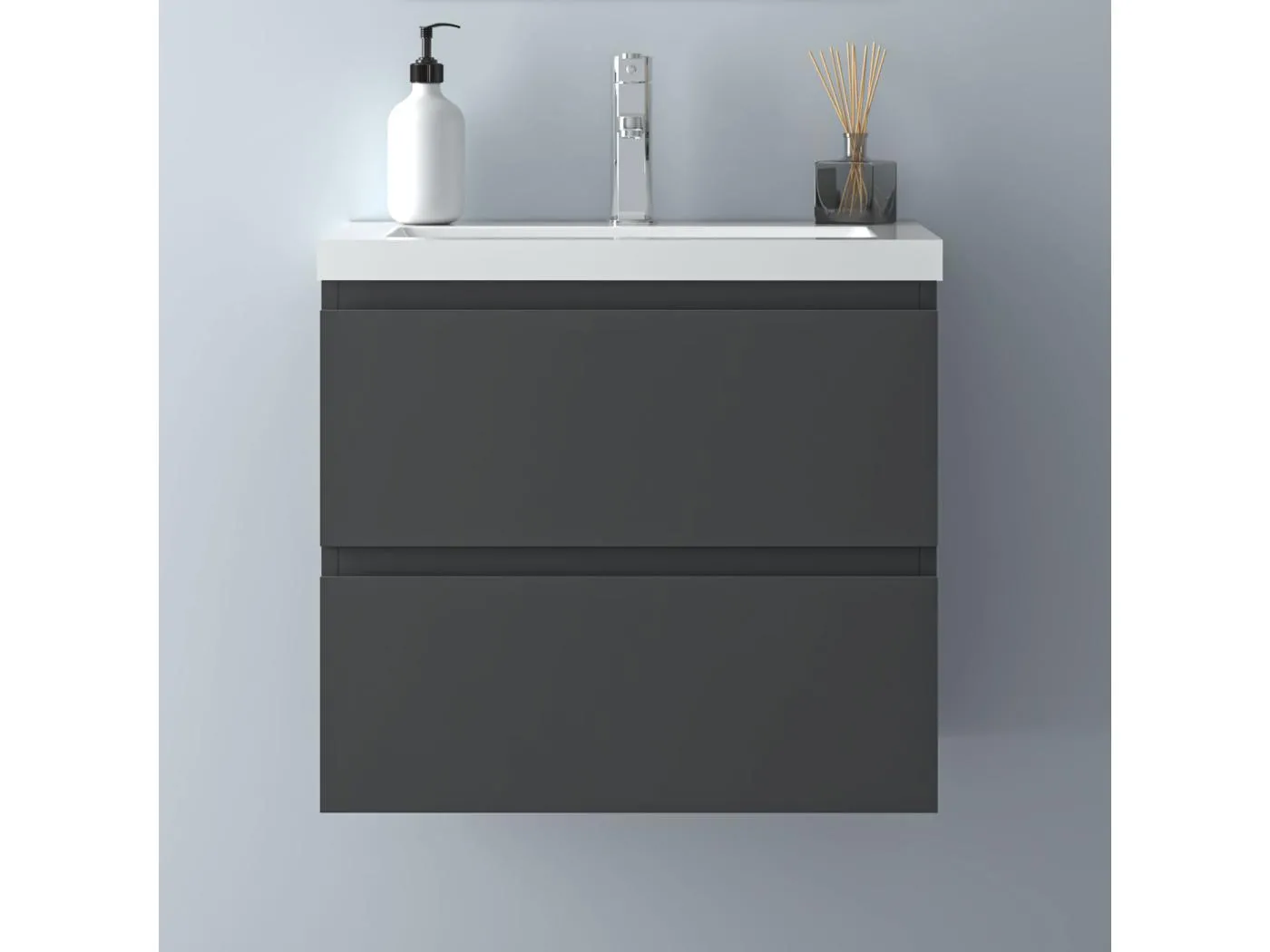 AICA Waschbeckenunterschrank hängend 60cm Mineralguss Waschtisch mit Unterschrank - Dunkelgrau Matt - CINIC