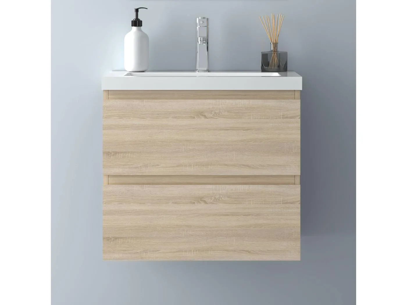 AICA Waschbeckenunterschrank hängend 60cm Mineralguss Waschtisch mit Unterschrank - Eiche Matt - CINIC