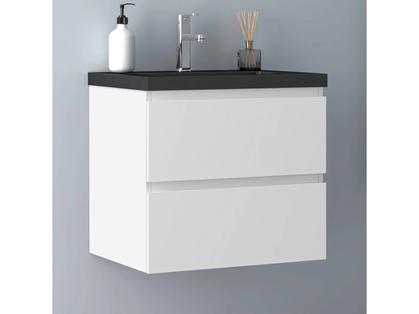 AICA Waschbeckenunterschrank hängend 60cm Schwarz Mineralguss Waschtisch mit Unterschrank - Weiß Matt - CINIC