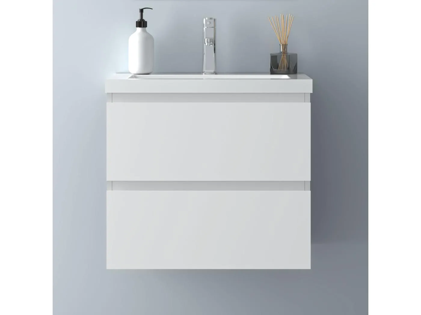 AICA Waschbeckenunterschrank hängend 60cm Mineralguss Waschtisch mit Unterschrank - Weiß Matt - CINIC