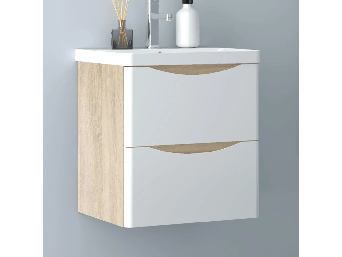 AICA Badezimmerschrank hängend 50cm Mineralguss waschbecken mit Unterschrank - Eiche & Weiß - SEMAL