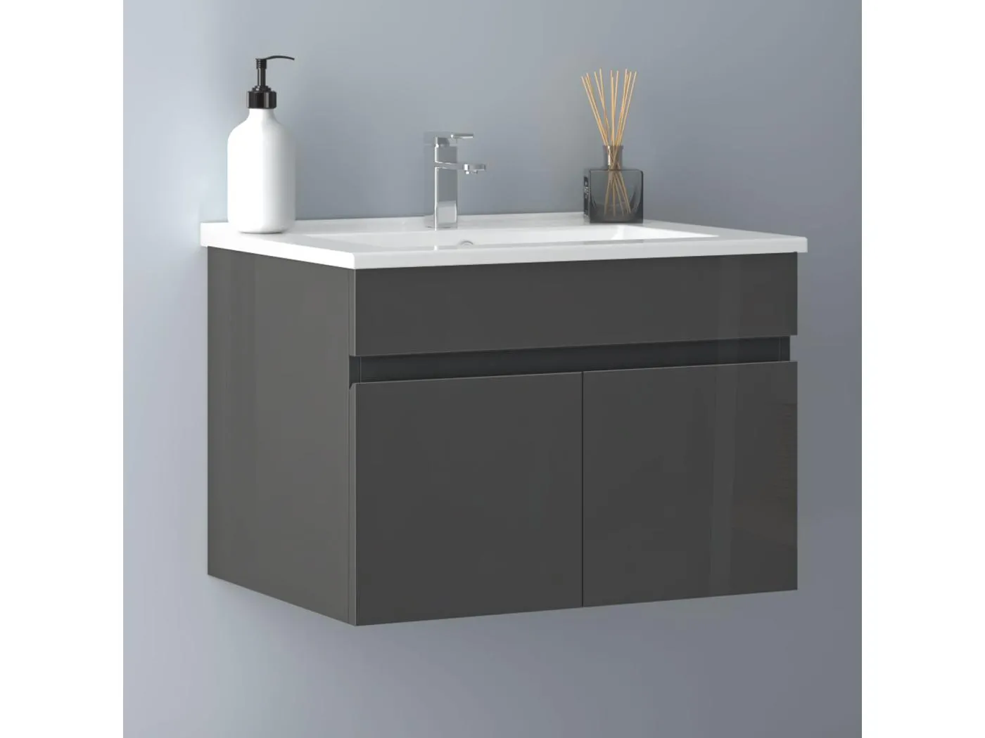 AICA Badezimmerschränke 60cm Dünn Keramik Waschtisch mit Unterschrank - Hochglanz Dunkelgrau Hängeschrank - MARO