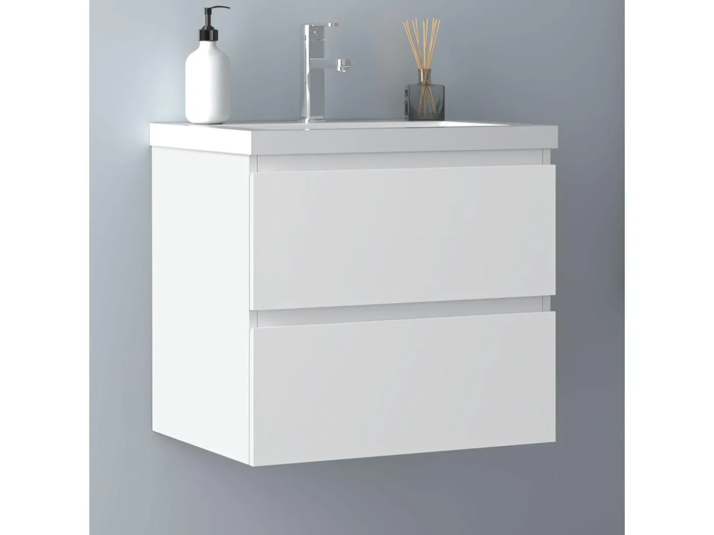 AICA Waschbeckenunterschrank hängend 60cm Dickes Keramik Waschtisch mit Unterschrank - Weiß Matt - CINIC