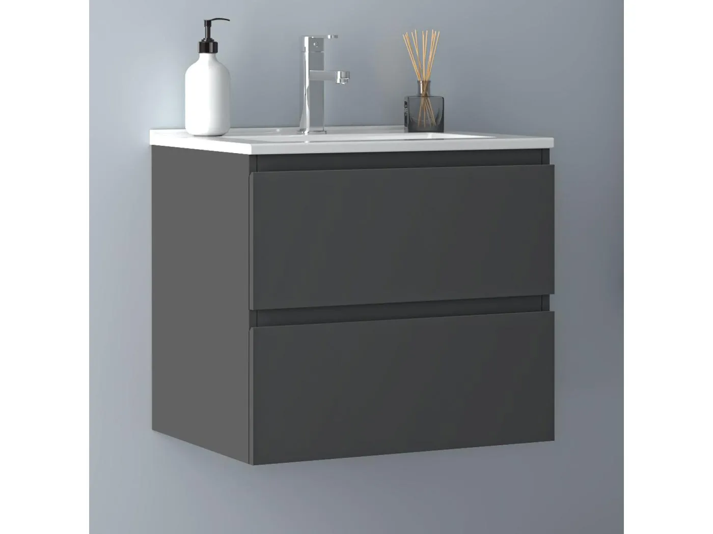 AICA Waschbeckenunterschrank hängend 60cm Dünn Keramik Waschtisch mit Unterschrank - Dunkelgrau Matt - CINIC