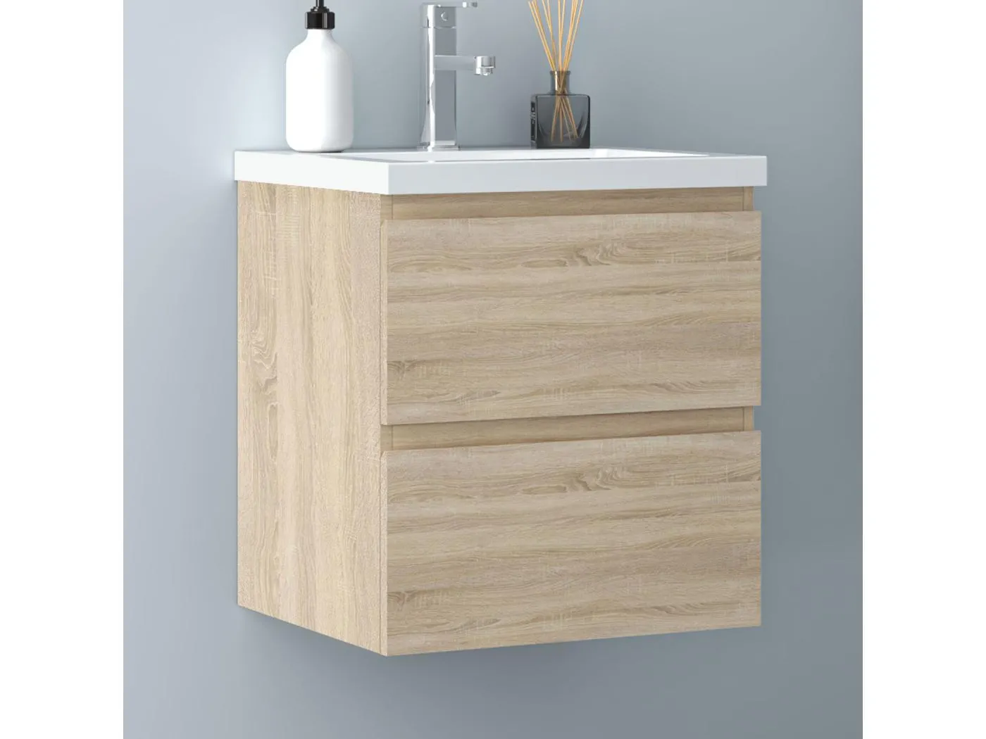 AICA Waschbeckenunterschrank hängend 50cm Keramik Waschtisch mit Unterschrank - Eiche Matt - CINIC