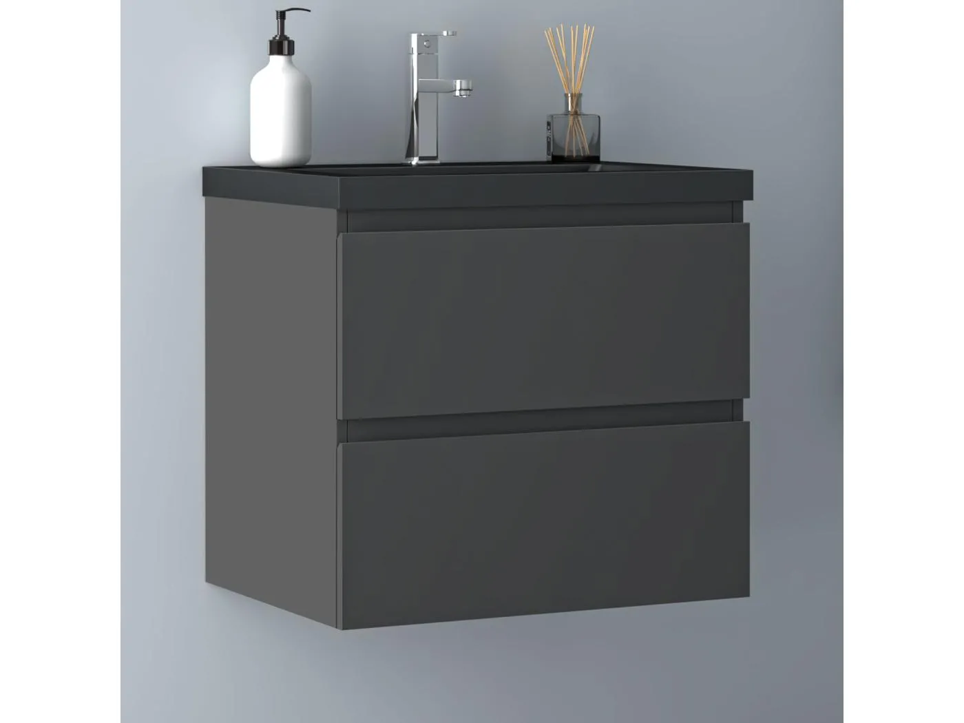 AICA Waschbeckenunterschrank hängend 60cm Schwarz Mineralguss Waschtisch mit Unterschrank - Dunkelgrau Matt - CINIC