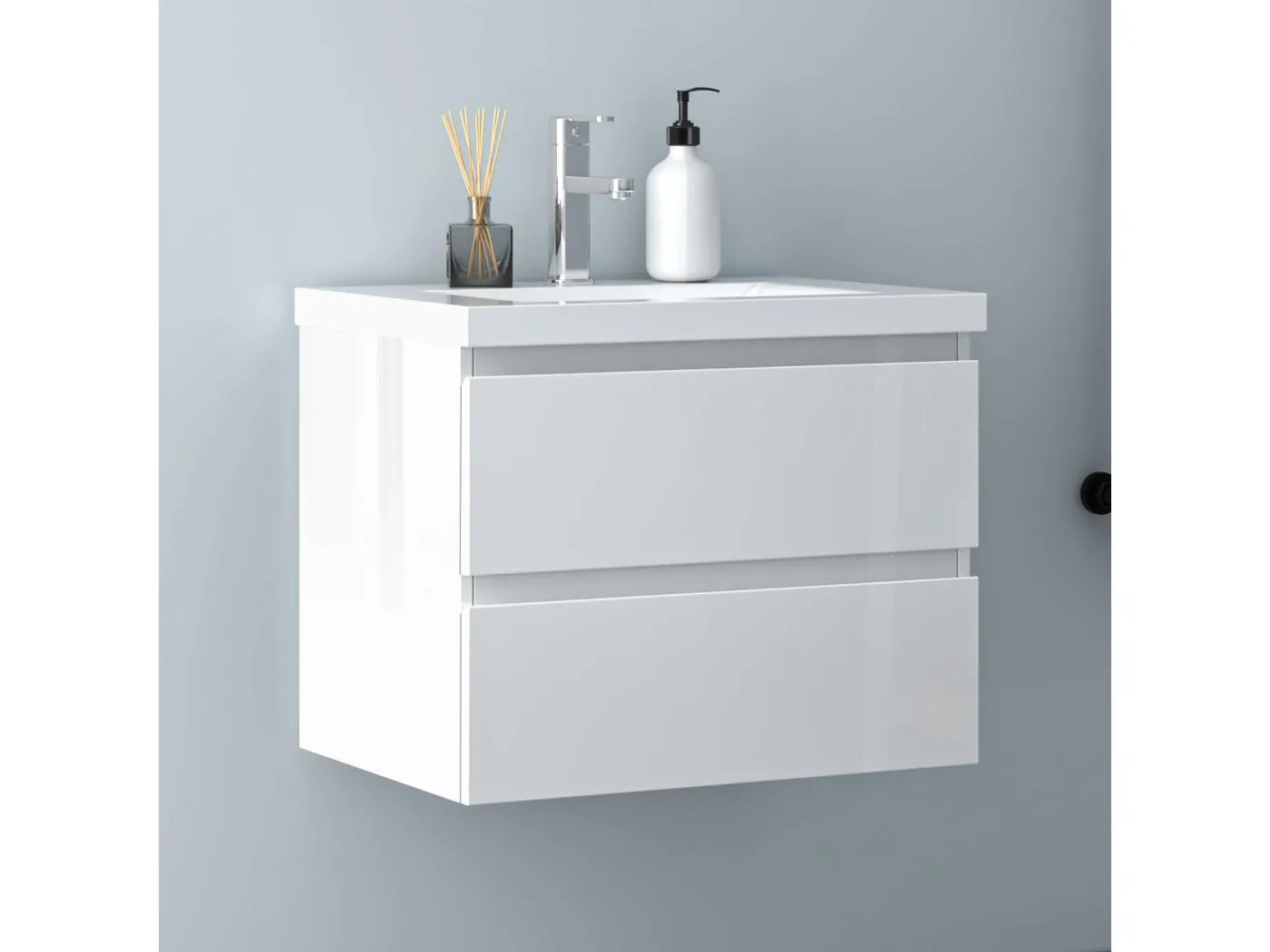 AICA Waschbeckenunterschrank hängend 60cm Mineralguss Waschtisch mit Unterschrank - Hochglanz Weiß - CINIC