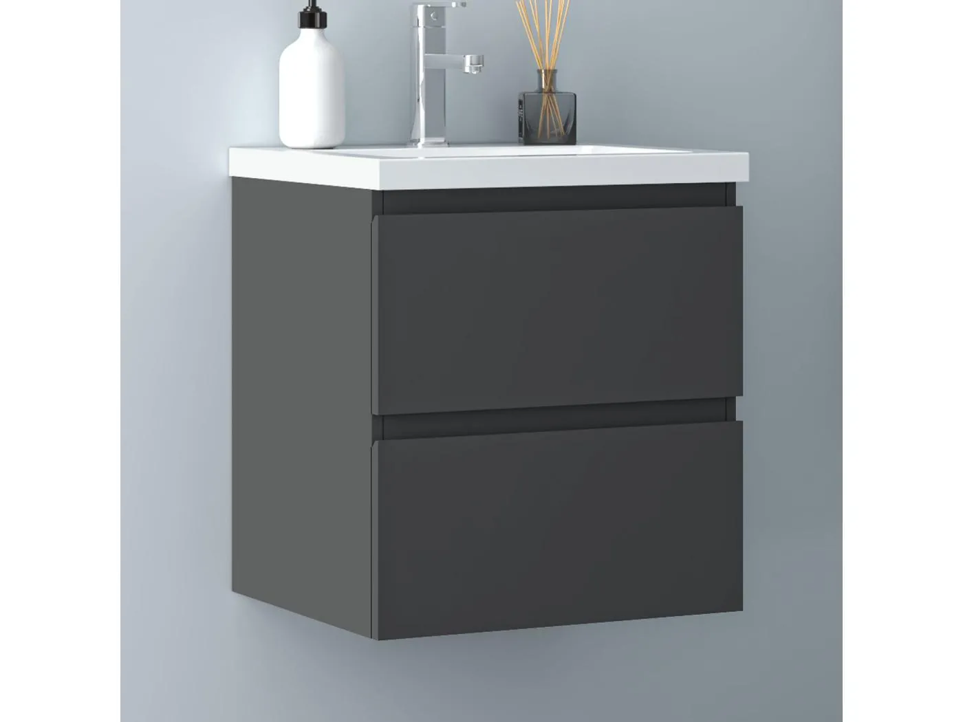 AICA Waschbeckenunterschrank hängend 50cm Mineralguss Waschtisch mit Unterschrank - Dunkelgrau Matt - CINIC