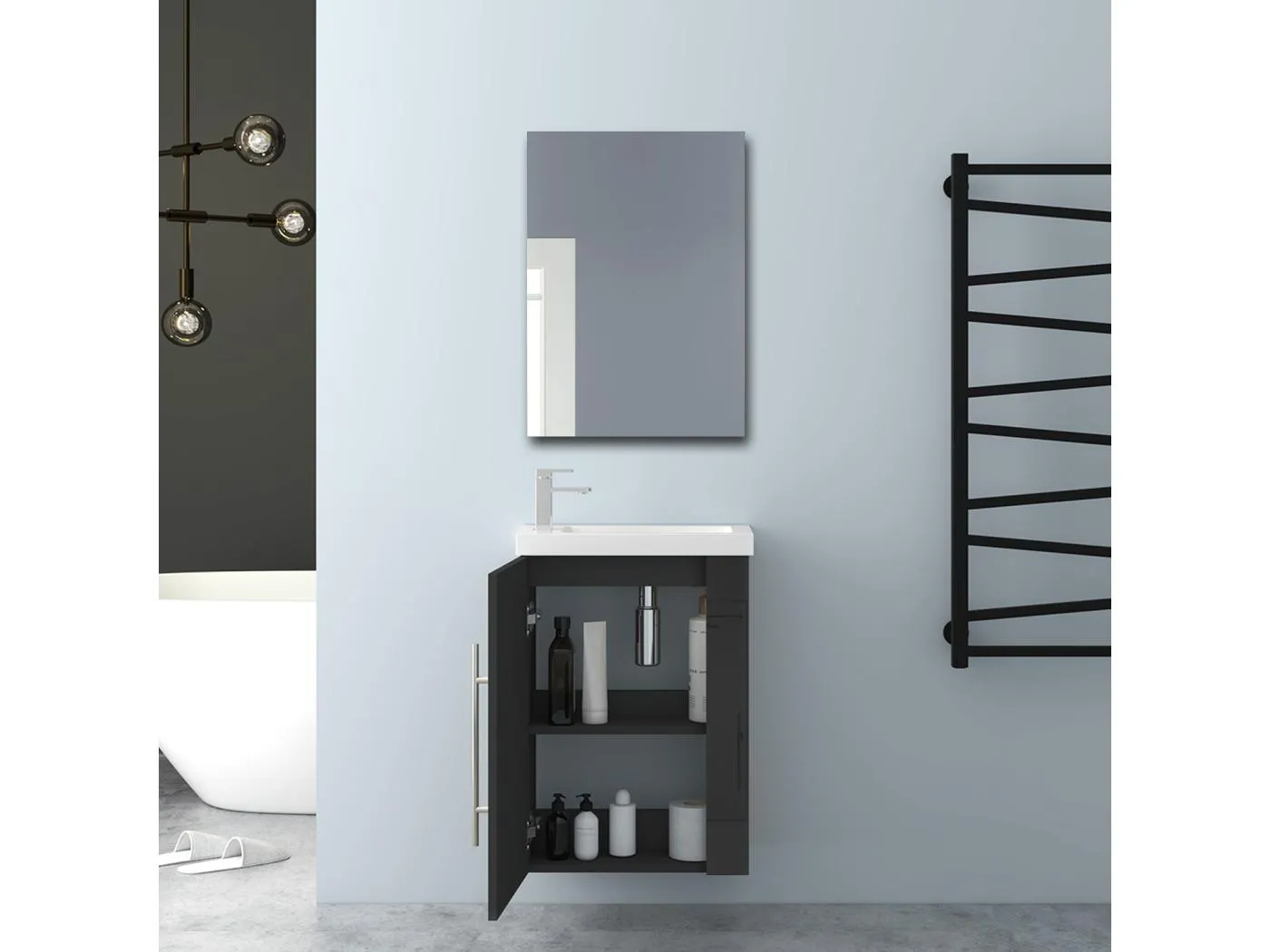 AICA Badmöbel 45cm Mineralguss Waschtisch mit Unterschrank - Hochglanz Schwarz Hängeschrank