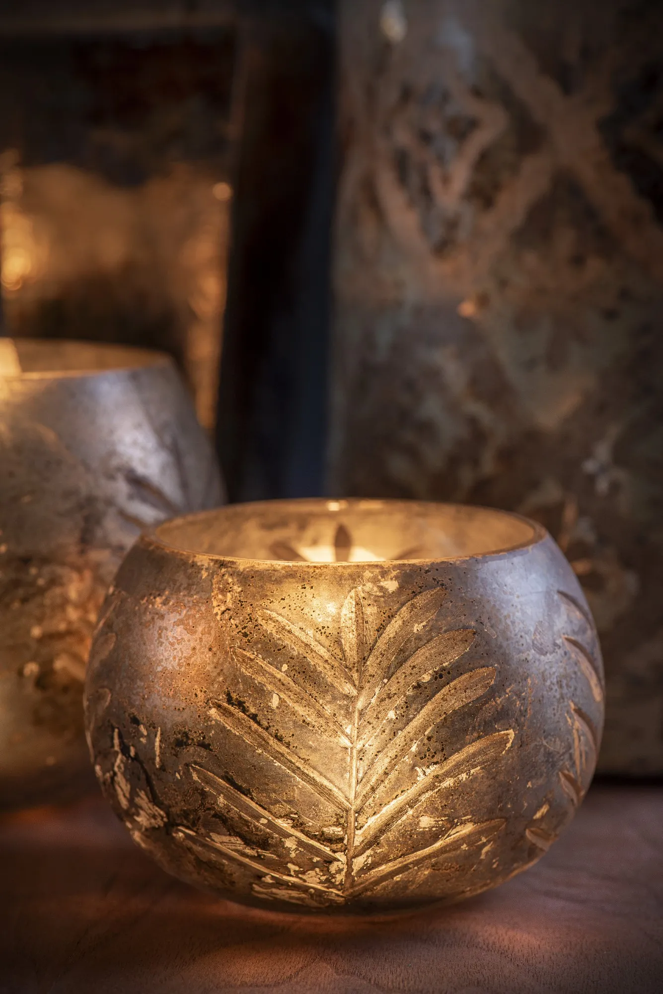 Windlicht 'Farn', antik silber, Ø 13 cm, H 10 cm