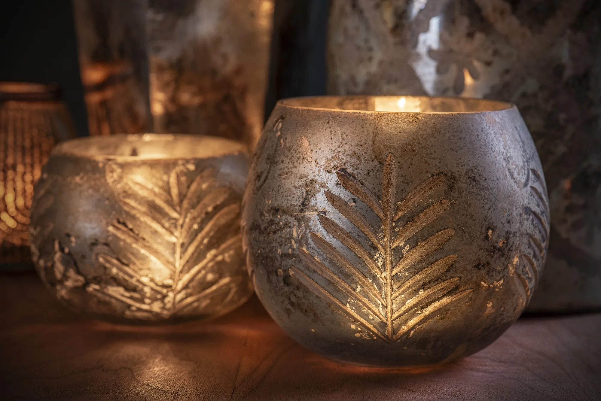 Windlicht 'Farn', antik silber, Ø 15 cm, H 13 cm