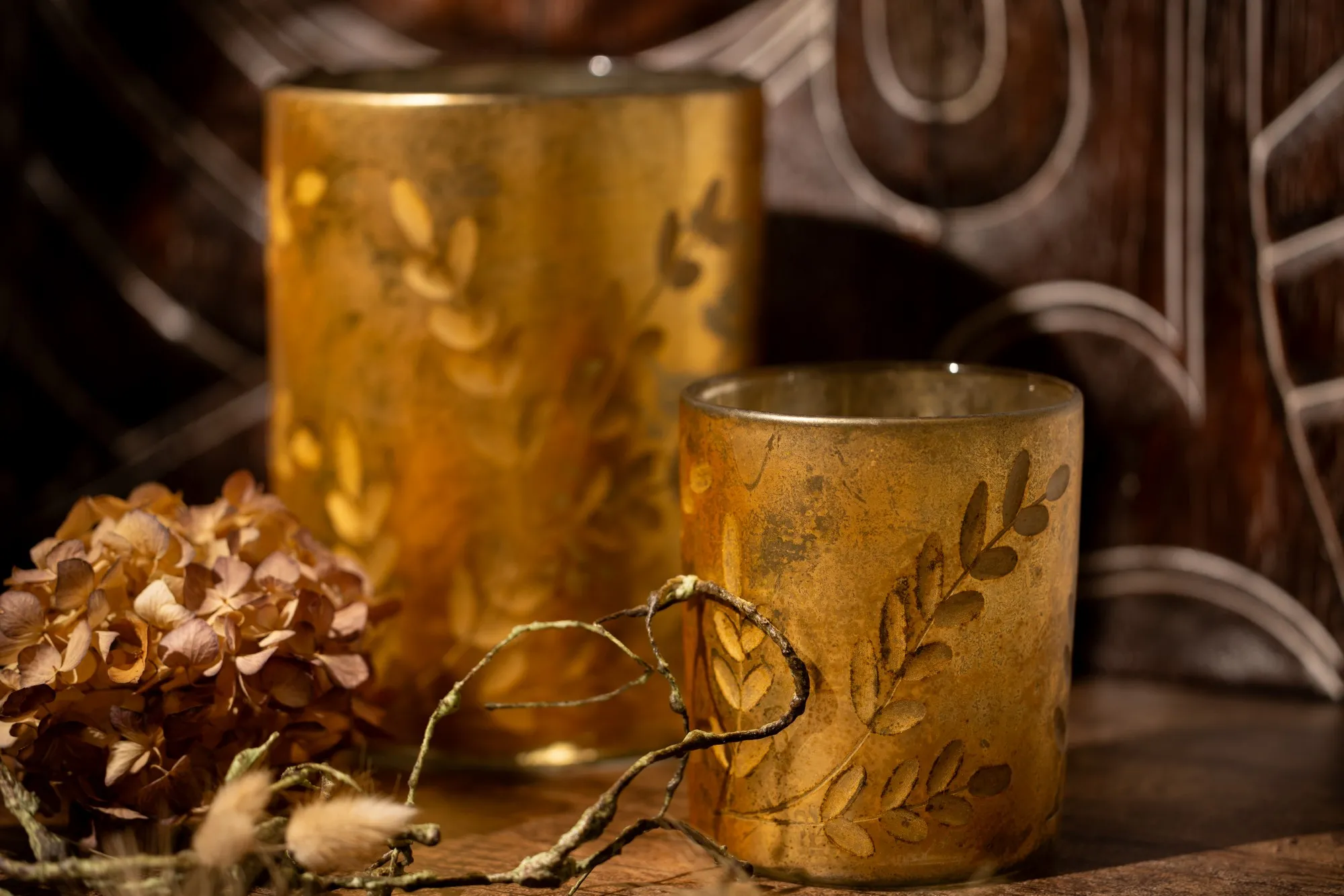 Windlicht 'Zweig', antik gold, Ø 10 cm, H 13 cm