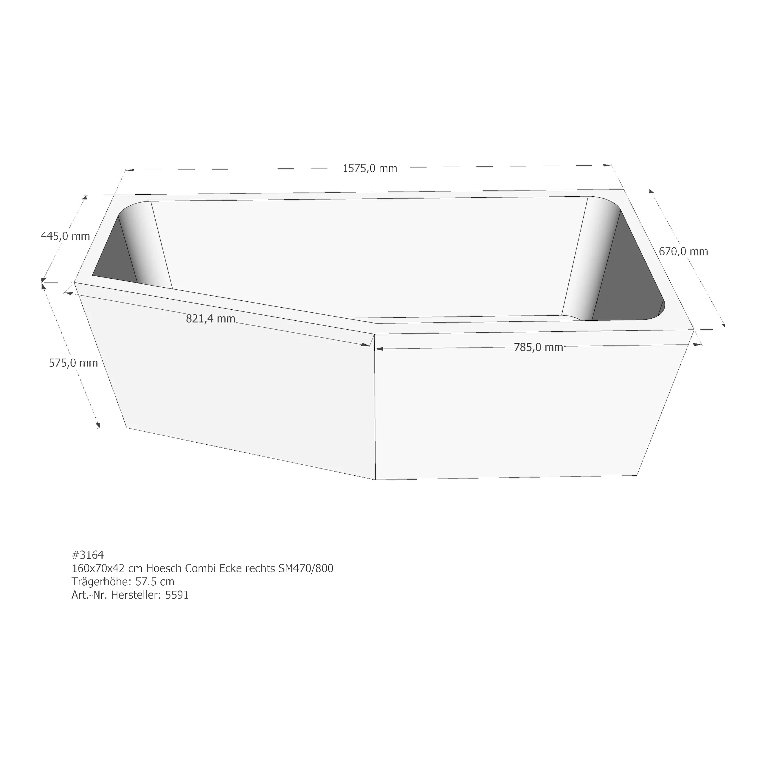 Badewannenträger für Hoesch Combi rechts 160 × 70 × 42 cm, 3164, Sonderangebot