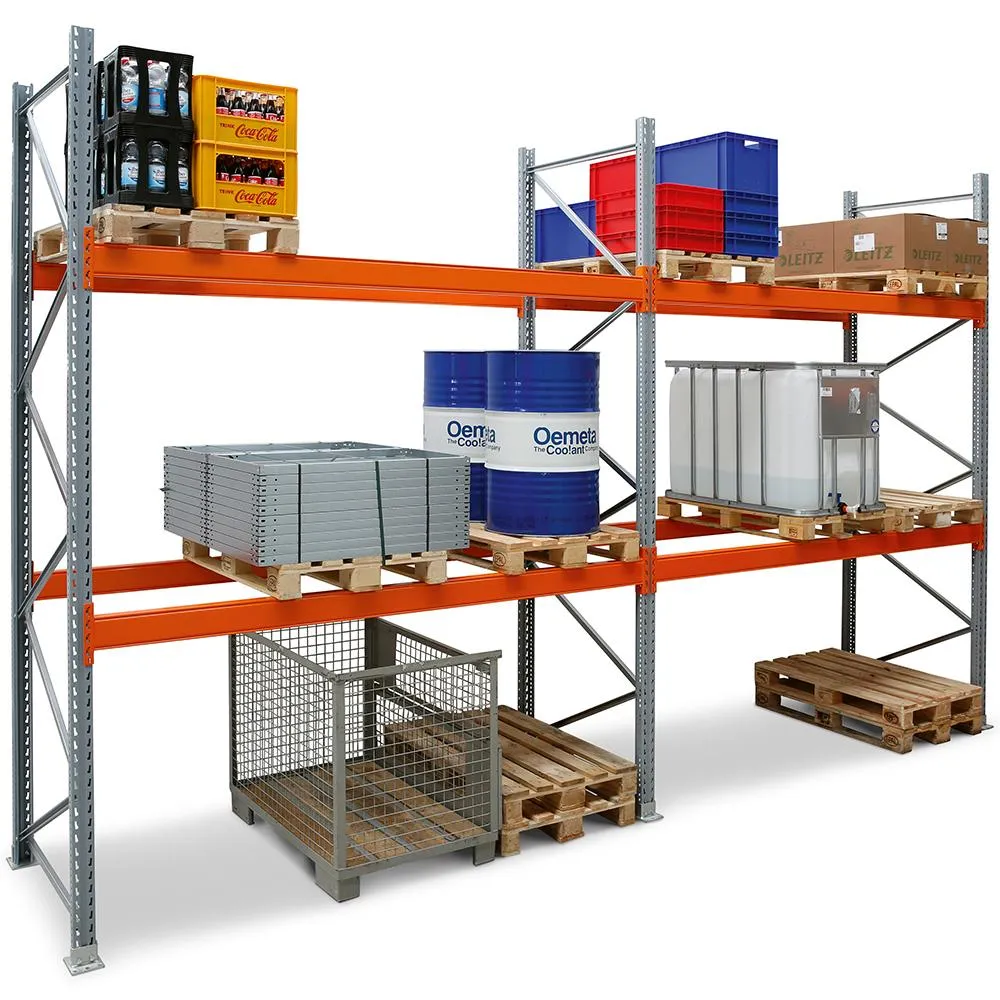 Palettenregal TAURUS | Grundregal | Low | HxBxT 250x270x80cm | Fachlast 2000kg | 2 Ebenen | Silbergrau/Reinorange