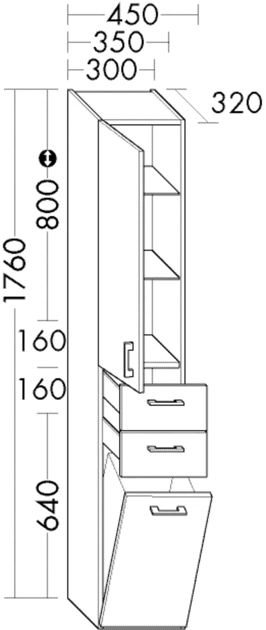 Hochschrank, 1 Tür;2 Schubladen;1 Wäschekippe;2 Glaseinlegeböden;2 feste Böden, Tiefe: 320 mm, Breite: 300 mm, Höhe: 1760 mm